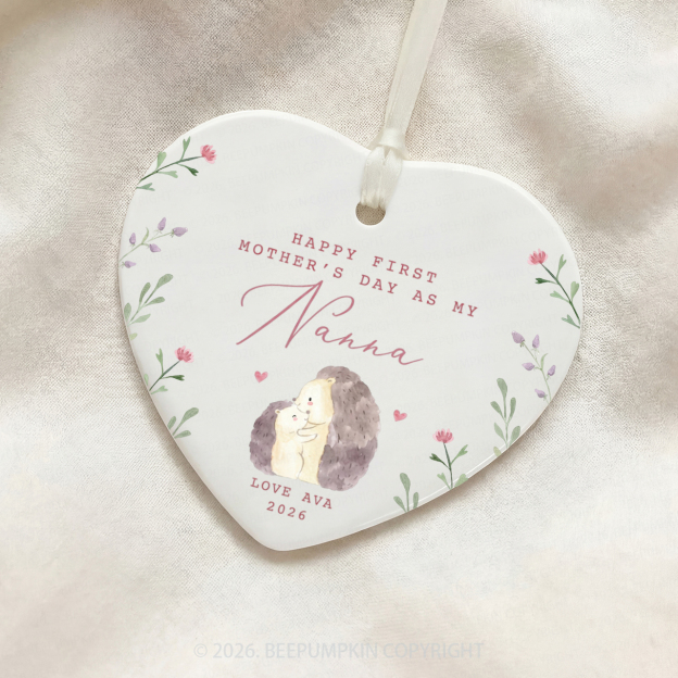 Personalised Lovely Hedgehogs First Mother's Day Ceramic Heart Ornament
