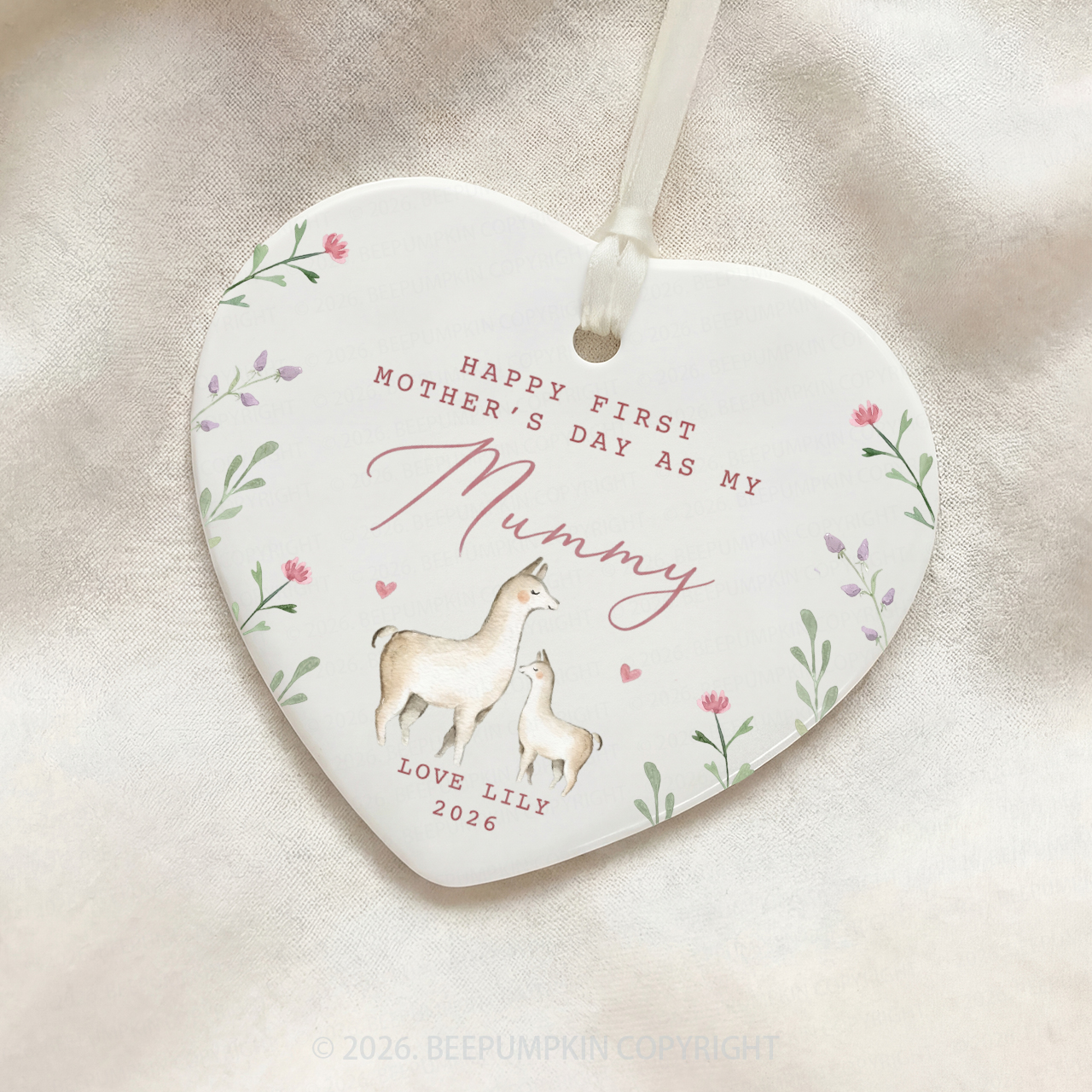 Personalised Lovely Llamas First Mother's Day Ceramic Heart Ornament