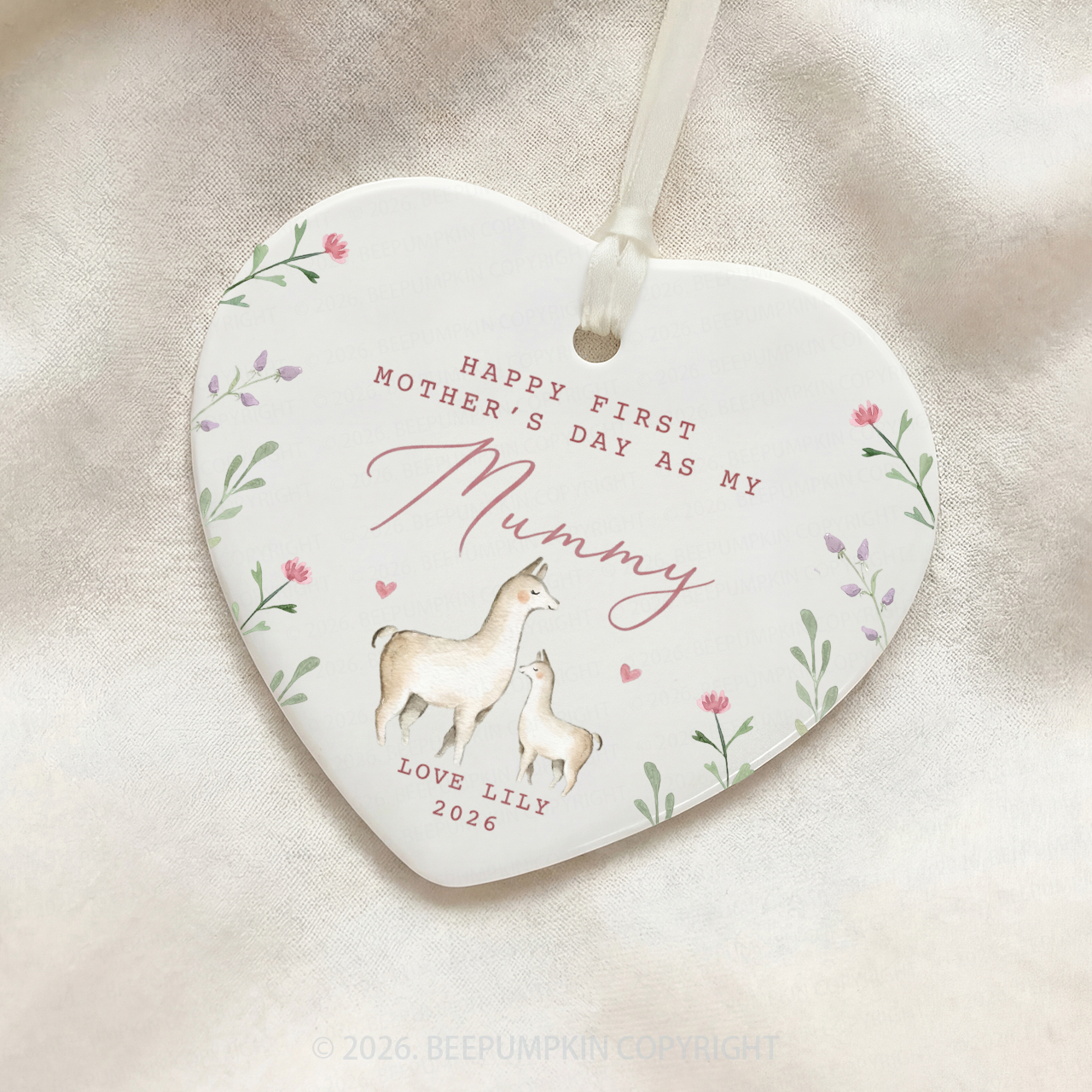 Personalised Lovely Llamas First Mother's Day Ceramic Heart Ornament