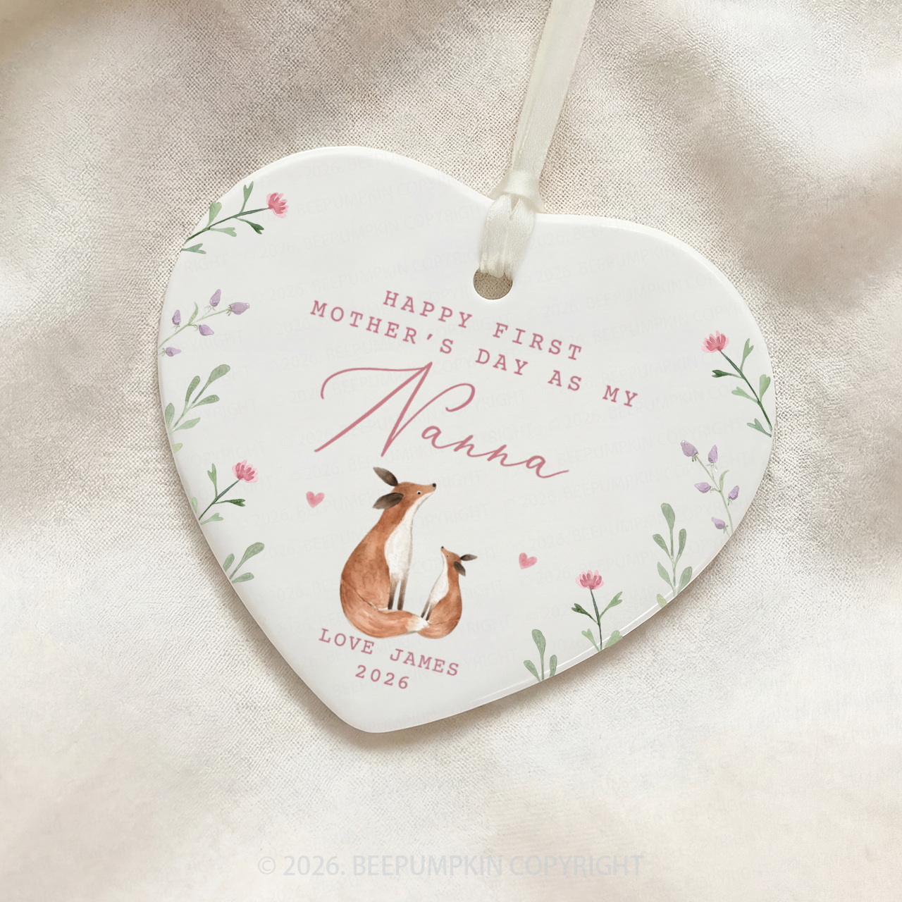 Personalised Lovely Foxes First Mother's Day Ceramic Heart Ornament