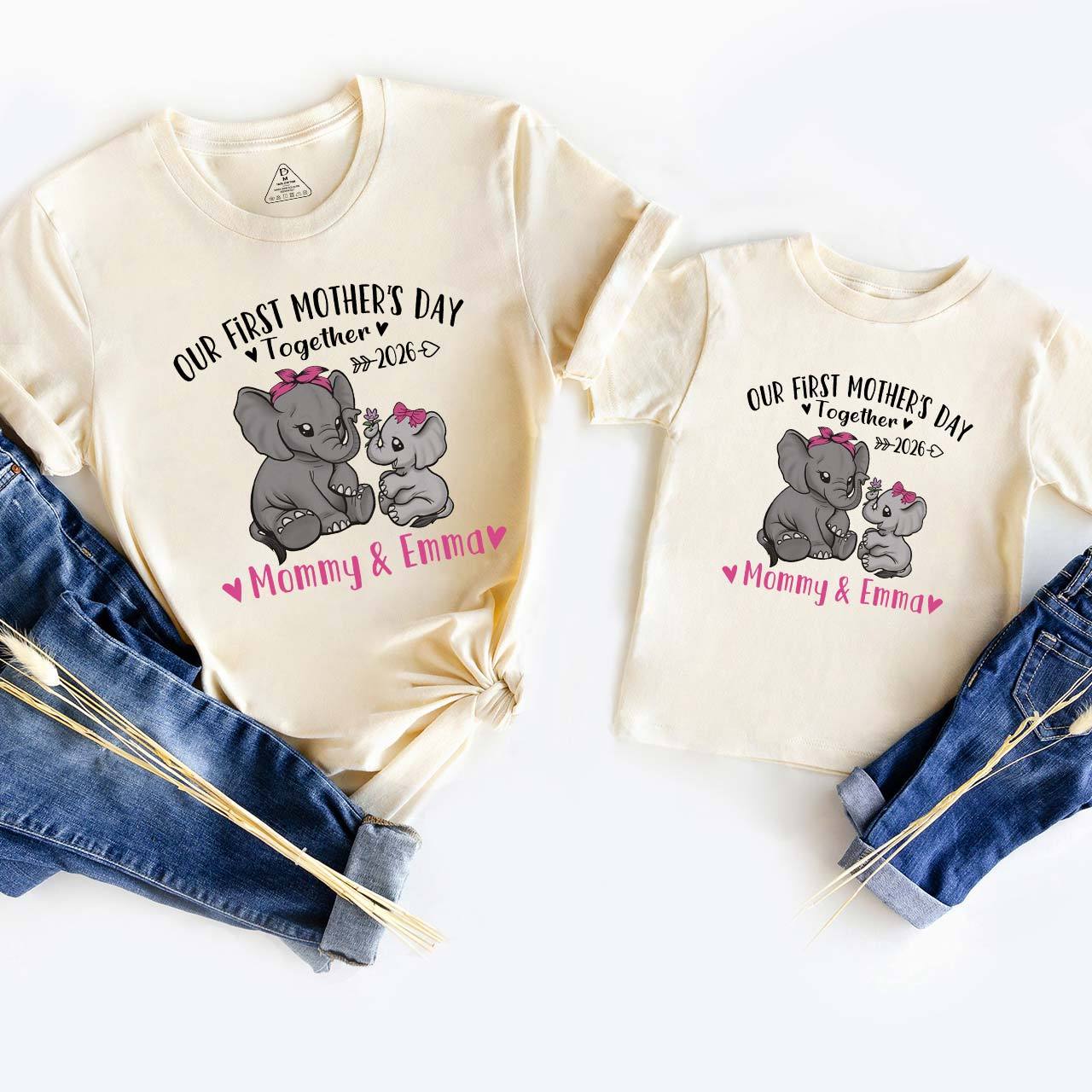 Personalized Elephant Mother's Day Gift T-Shirts For Mom & Kids
