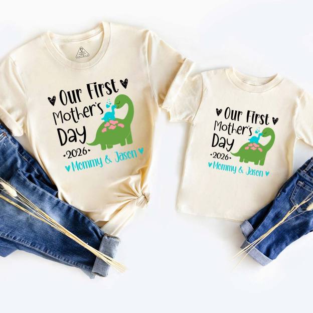 Personalized Our First Mothers Day Baby Dinosaur Mom&Me Matching Tees
