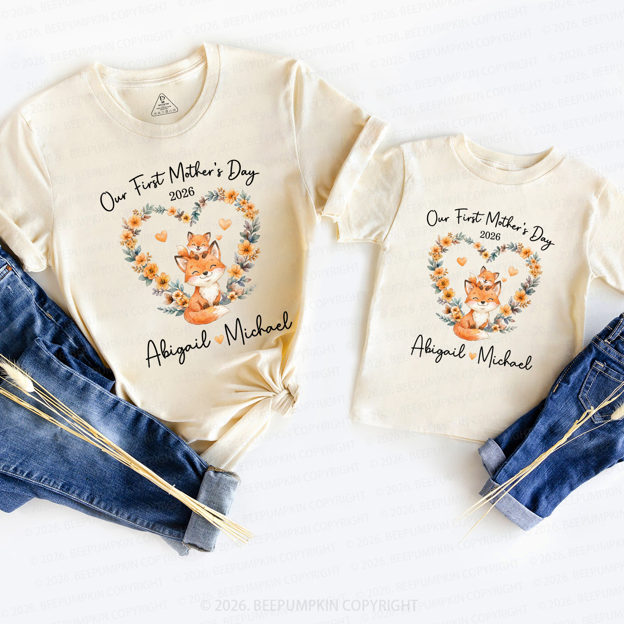 Personalized Cute Fox Heart Wreath Mom&Me Matching T-Shirts