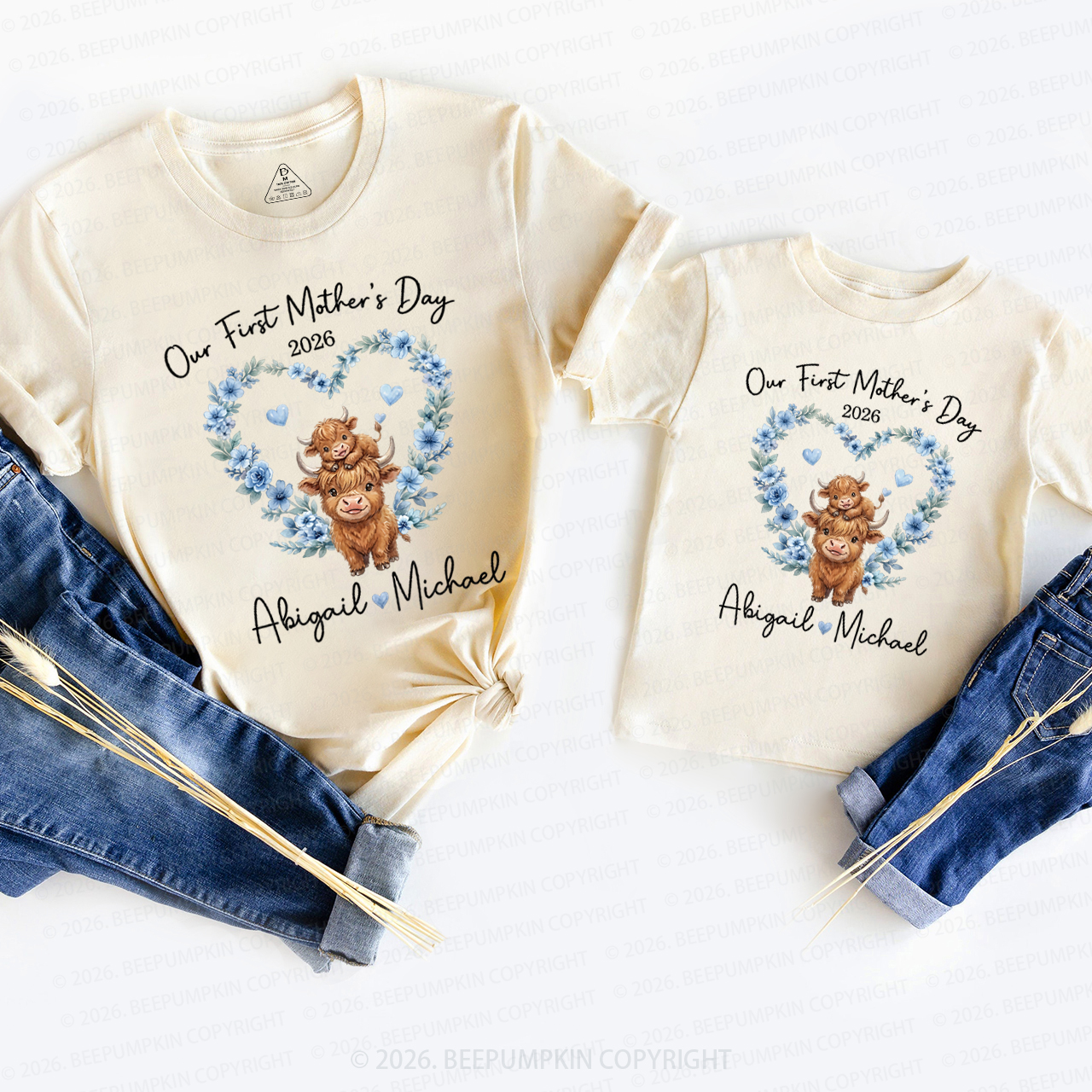 Personalized Highland Cow Heart Wreath Mom&Me Matching T-Shirts