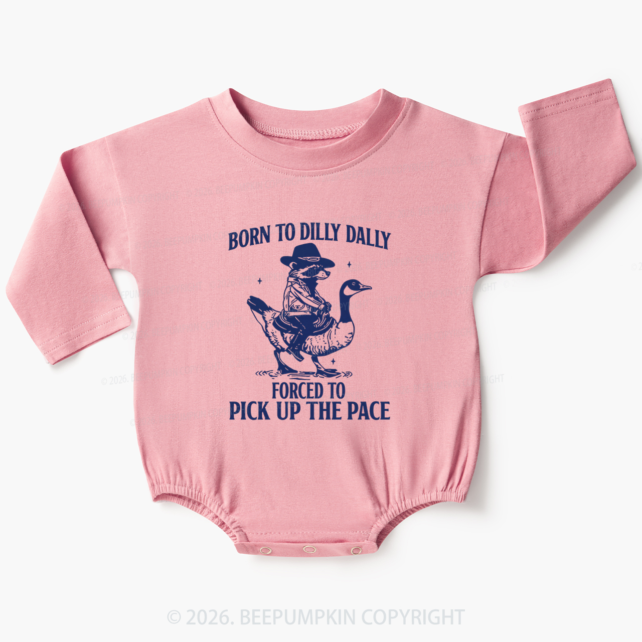 Born To Dilly Dally Retro Racoon Goose Baby Bubble Romper
