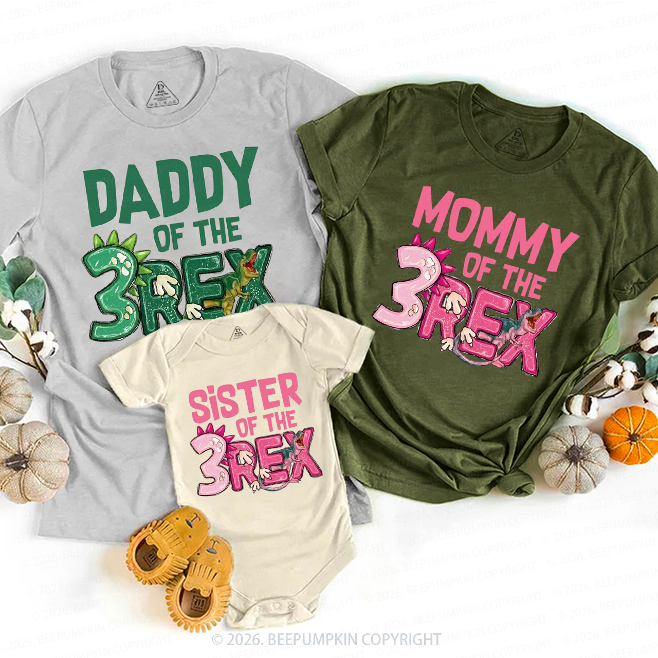 Personalized Rex Dinosaur Birthday Family Matching T-Shirts