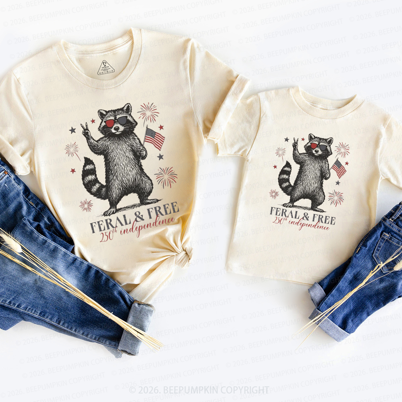 Feral but Free Patriotic Raccoon America 250th Mom&Me Matching T-Shirts