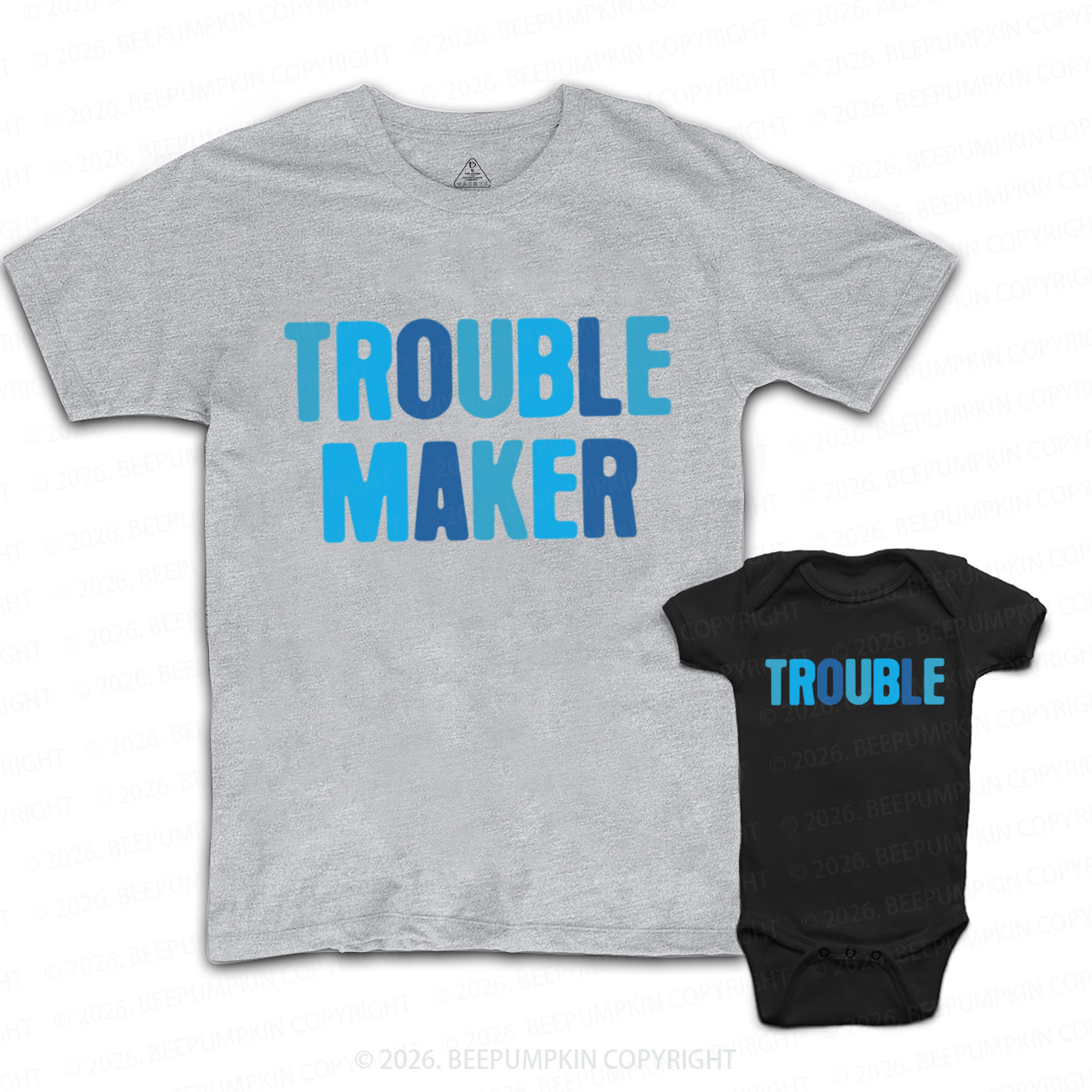 Blue Trouble Maker and Trouble Dad&Me Matching Shirts