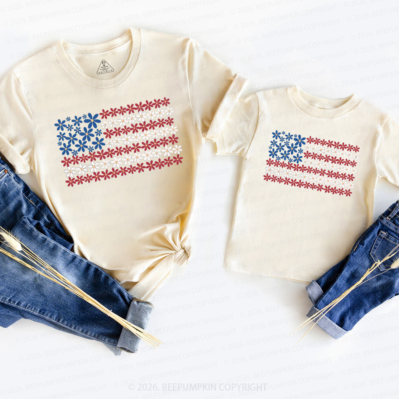 Floral American Flag 4th of July Mom&Me Matching T-Shirts