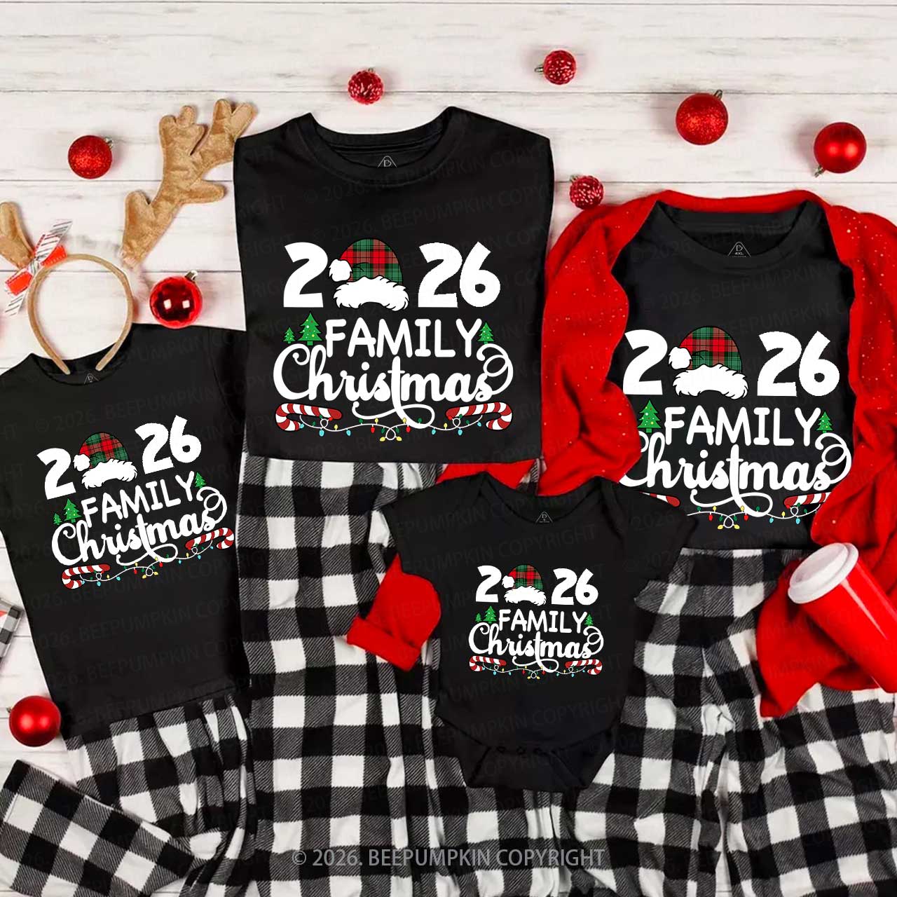 Family Christmas 2026 Plaid Hat Matching T-Shirts Beepumpkin