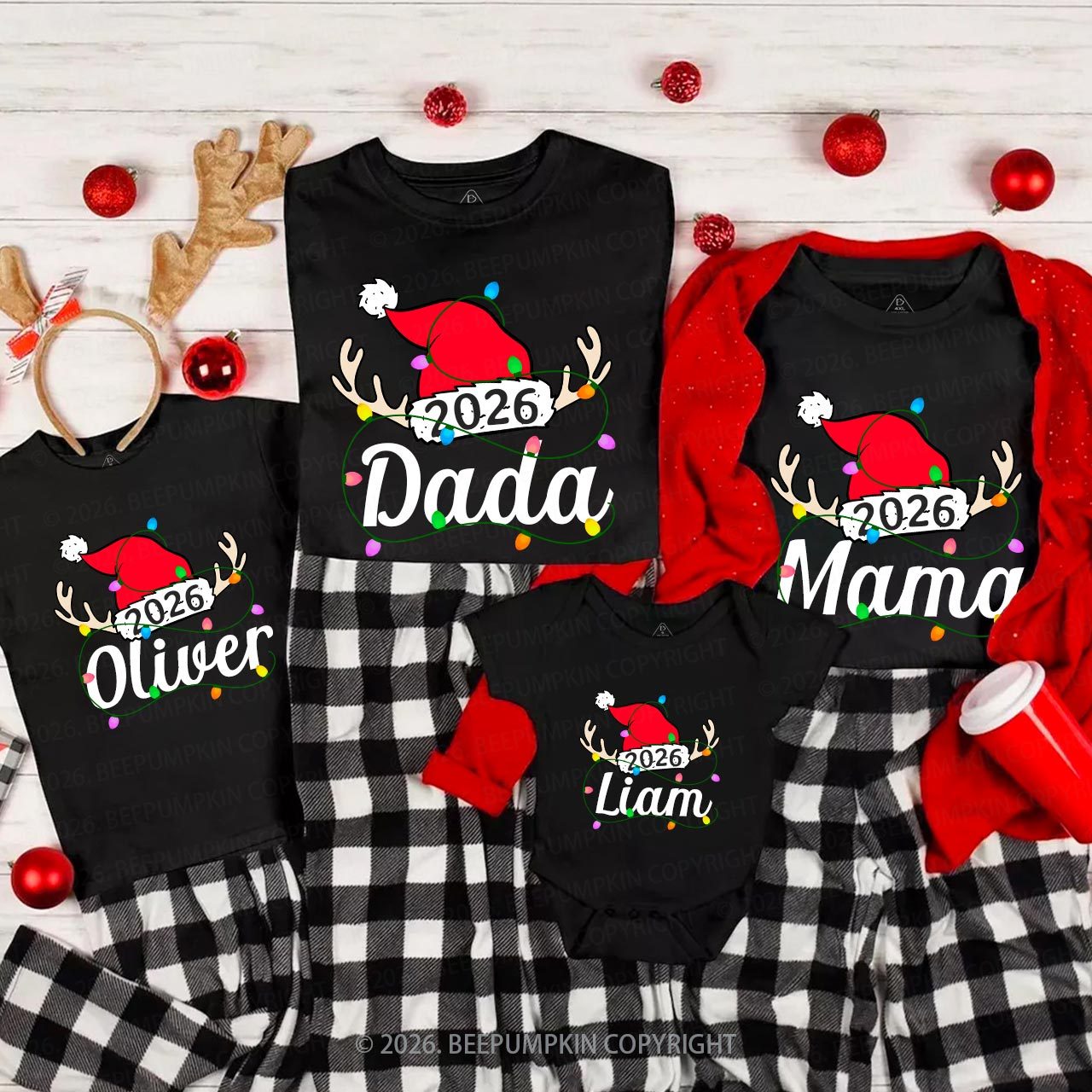 Personalized Jolly Antlers & Lights 2026 Family Matching T-Shirts Beepumpkin