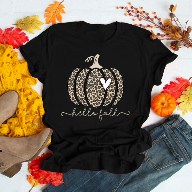  Hello Fall Leopard Print Pumpkin Shirt For Her
