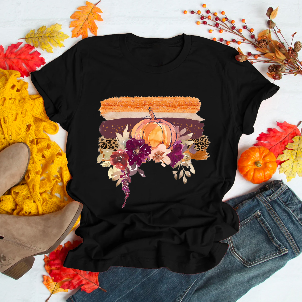 Unique Pumpkin And Watercolor Flowers Shirt 