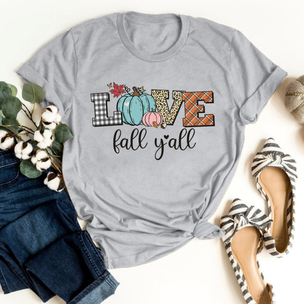 Love Fall Yall Leopard Print Fall Plaid Pumpkin Shirt 