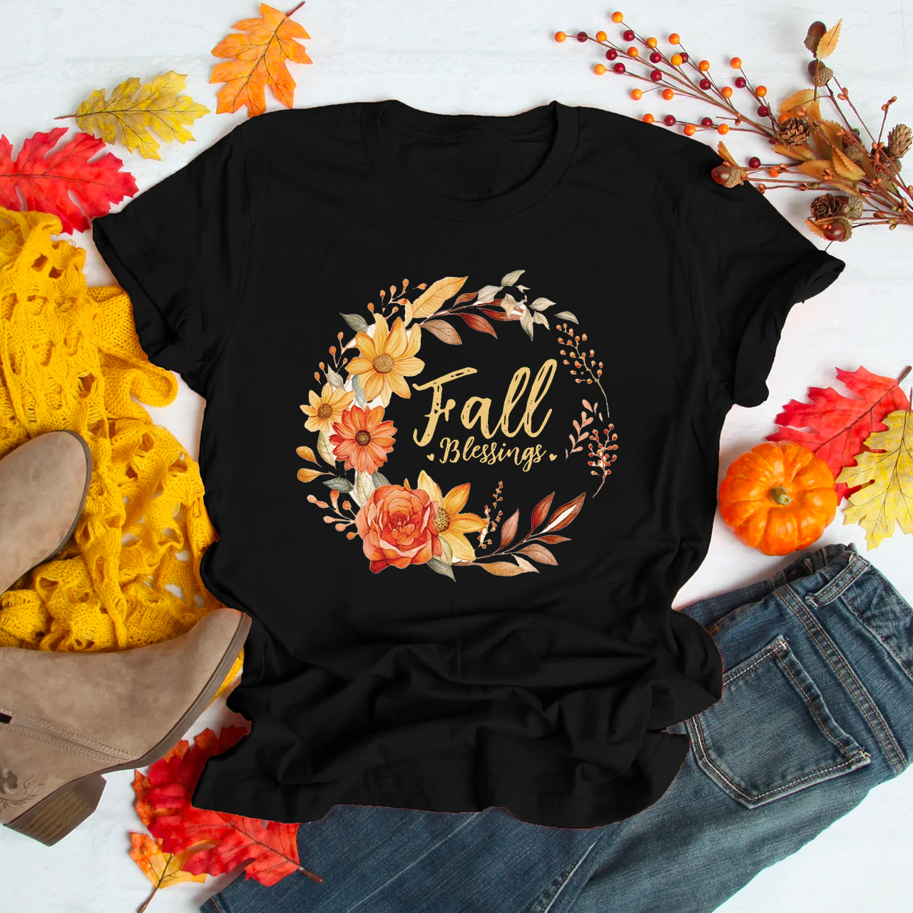 Fall Blessings with Watercolor Flowers Shirt 