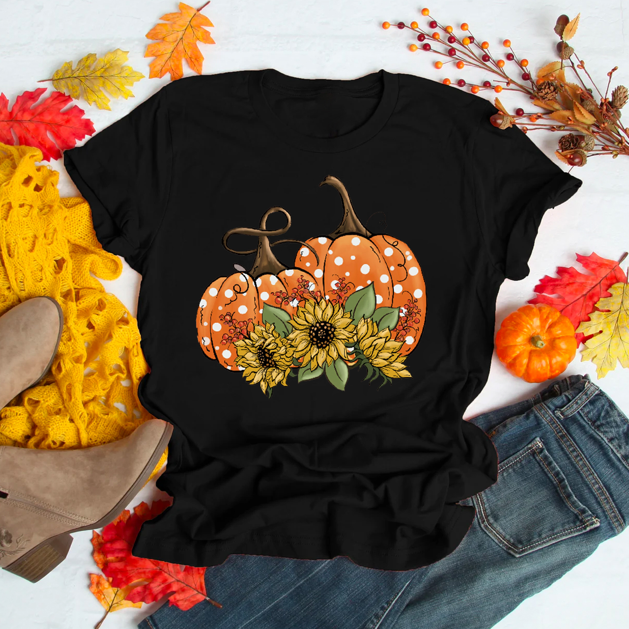 Polka Dot Pumpkins And Sunflowers Shirt For Her