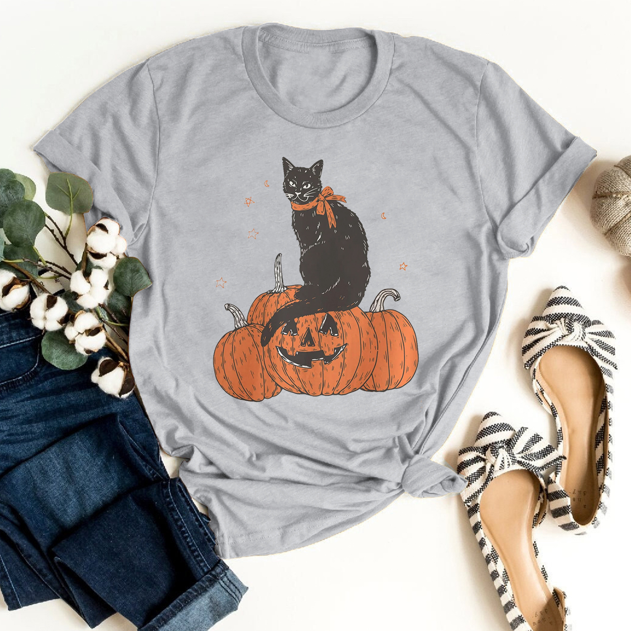 Black Cat on Pumpkin Shirt For Her