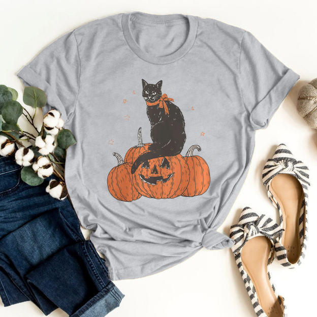 Black Cat on Pumpkin Shirt For Her