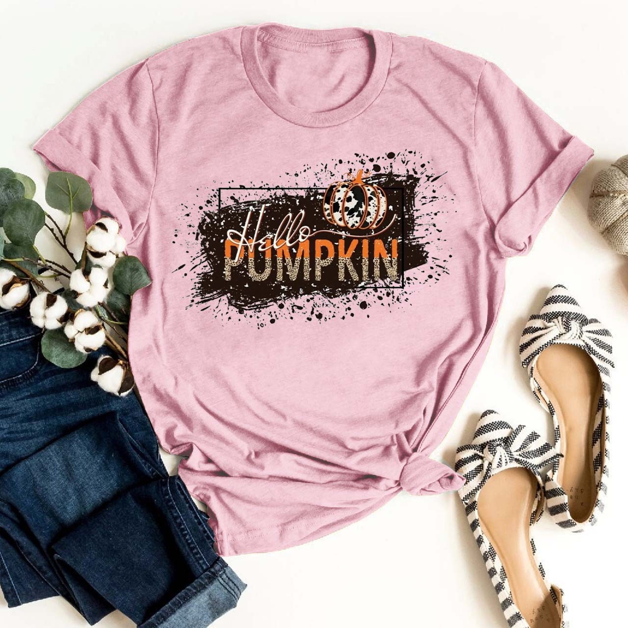  Hello Splatter Paint  Pumpkin Shirt For Her
