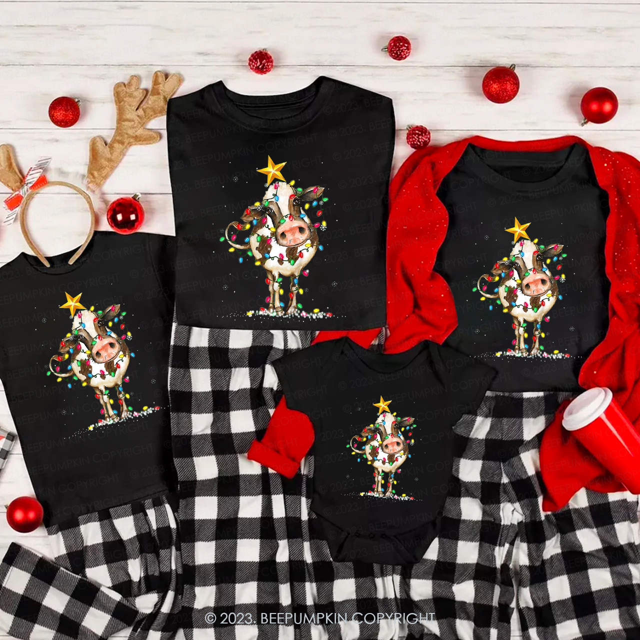 Cute Cow Funny Lights Christmas Family Shirts