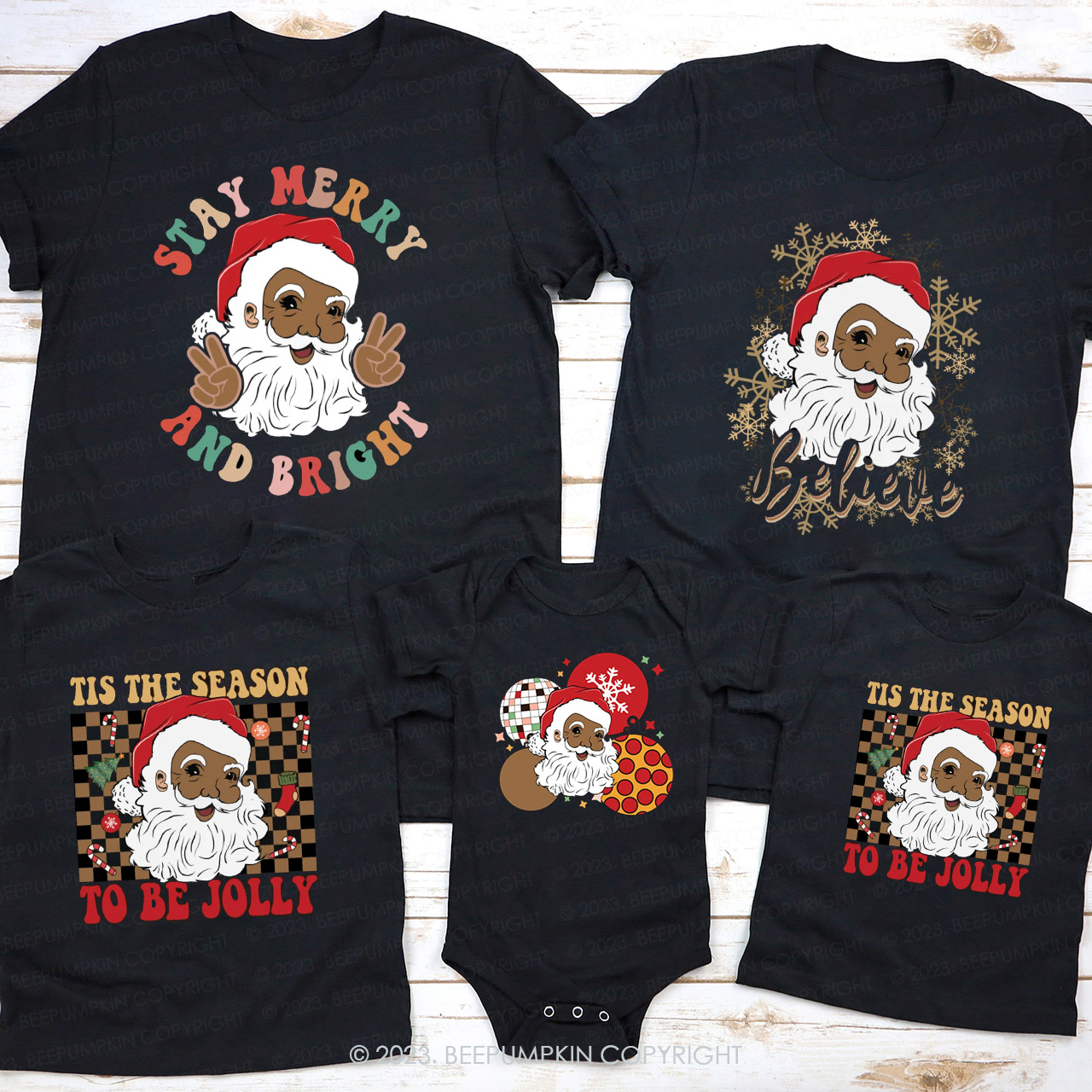 Black Santa Cute Expression Christmas Family Shirts Beepumpkin