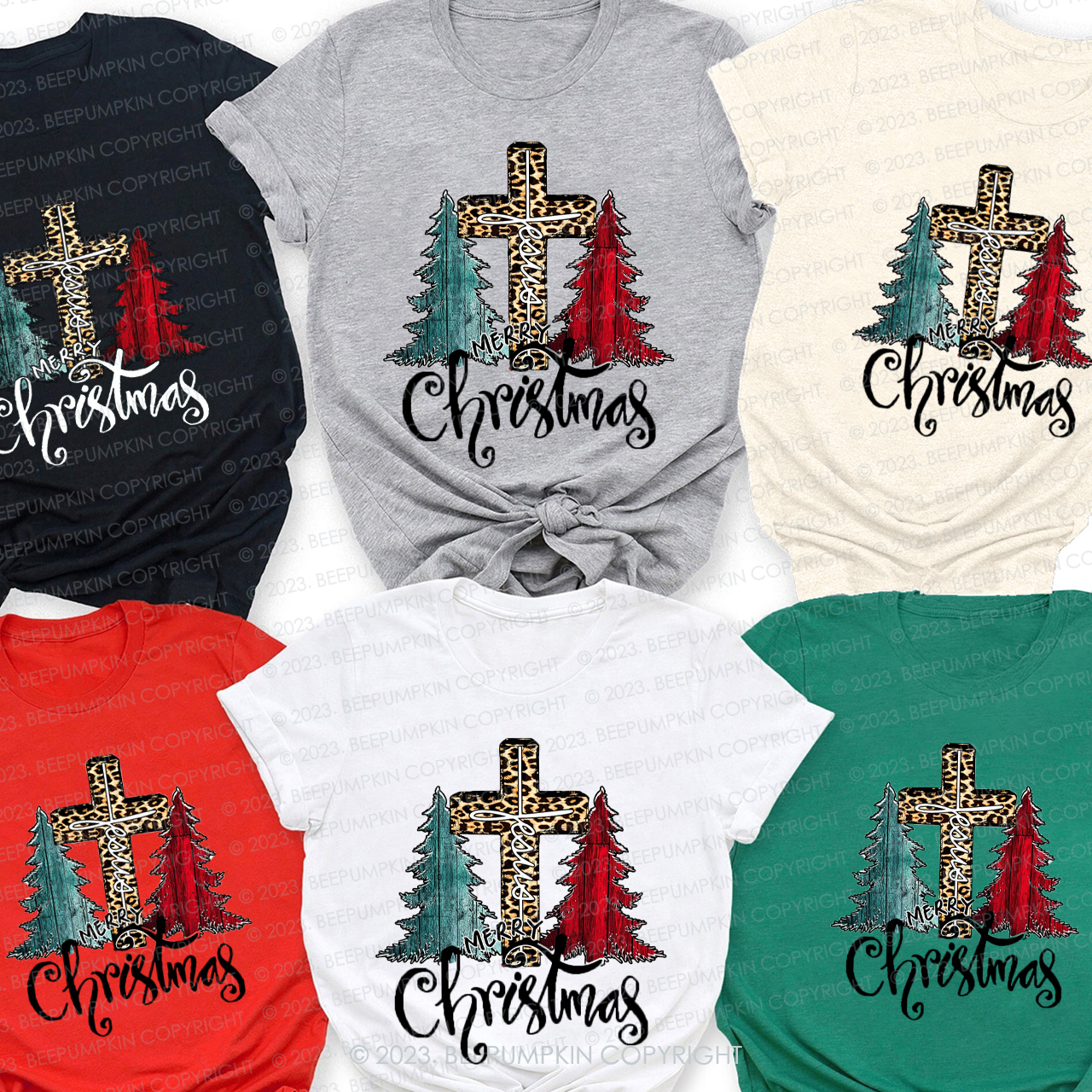 Christmas Trees and Jesus bless Us Matching Shirt For Family Beepumpkin