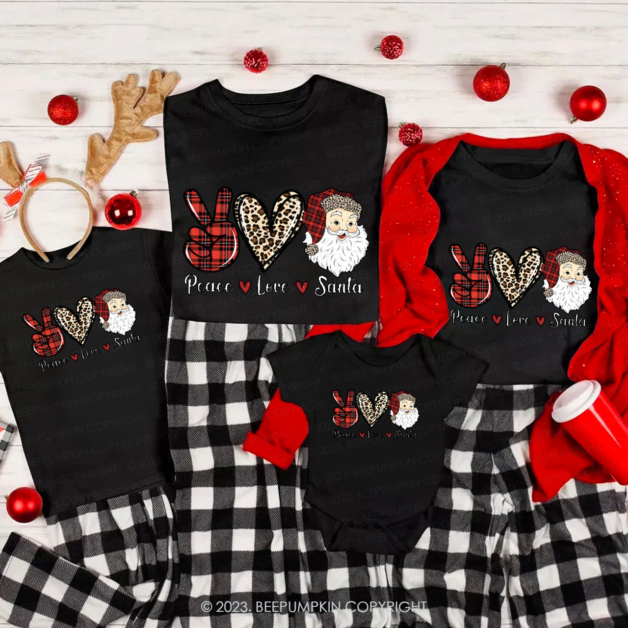 Christmas Peace Love Plaid Leopard Print Elements Matching Shirts Beepumpkin