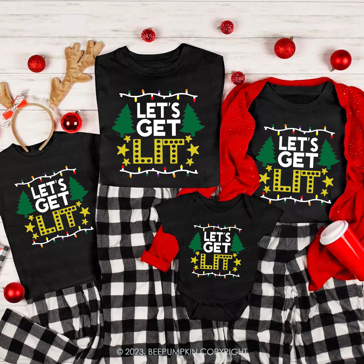 Funny Christmas Decor Let's get Lit Family Matching Shirts