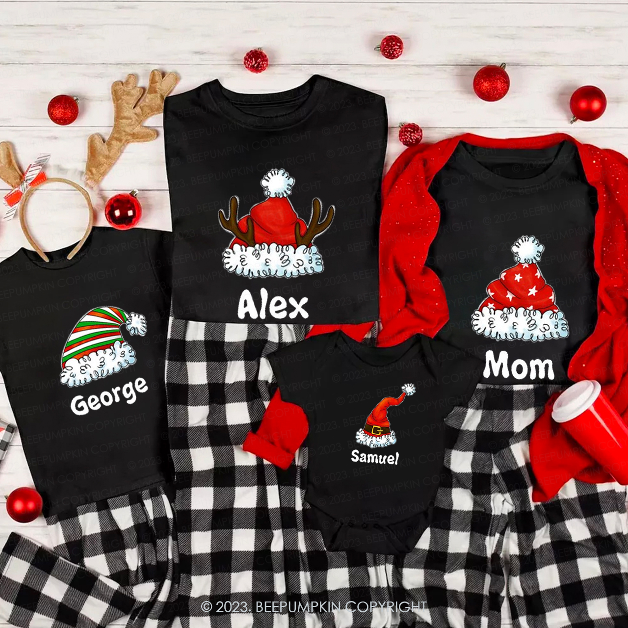 Personalized Cute Christmas Hat with Customized Name Matching Shirts