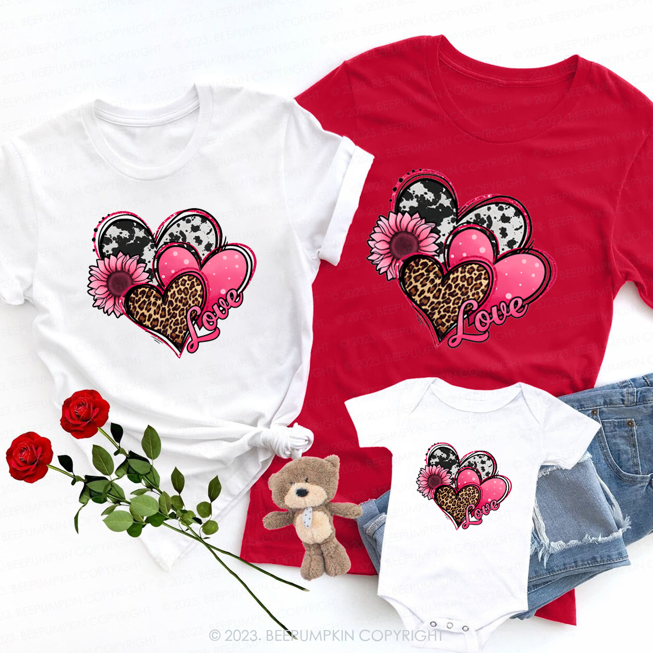 Valentines Day Western Hearts And Sunflower Family Matching Shirts