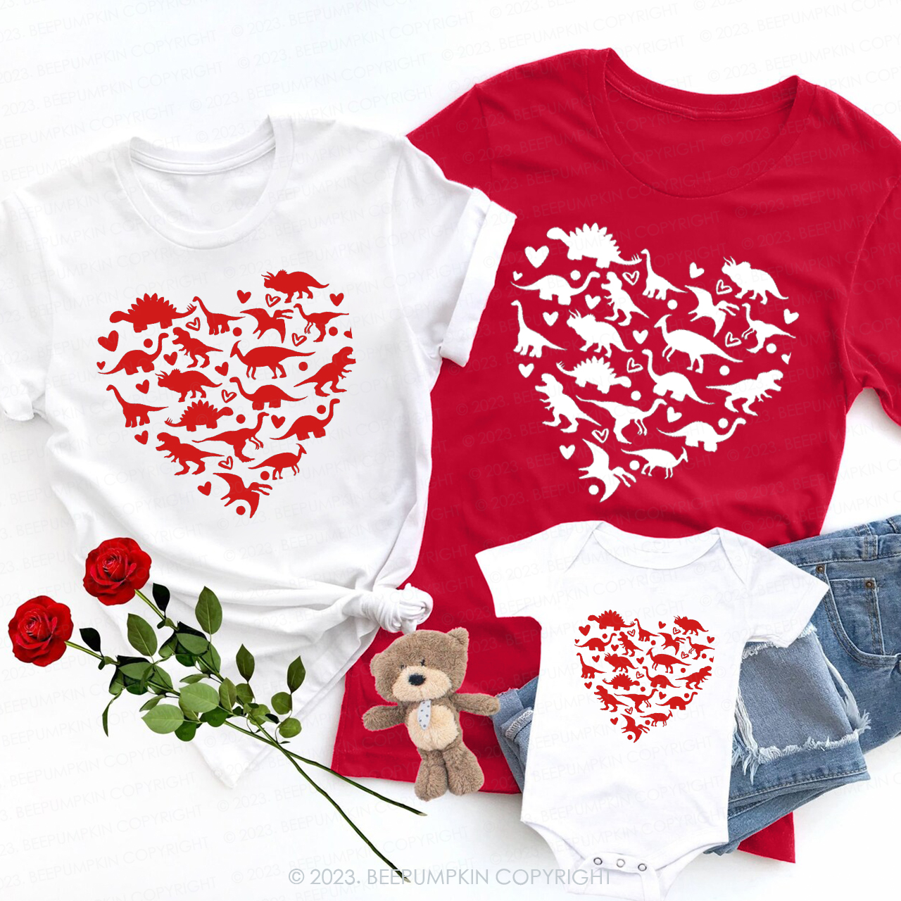 Valentine Dinosaur Heart Family Matching Shirts
