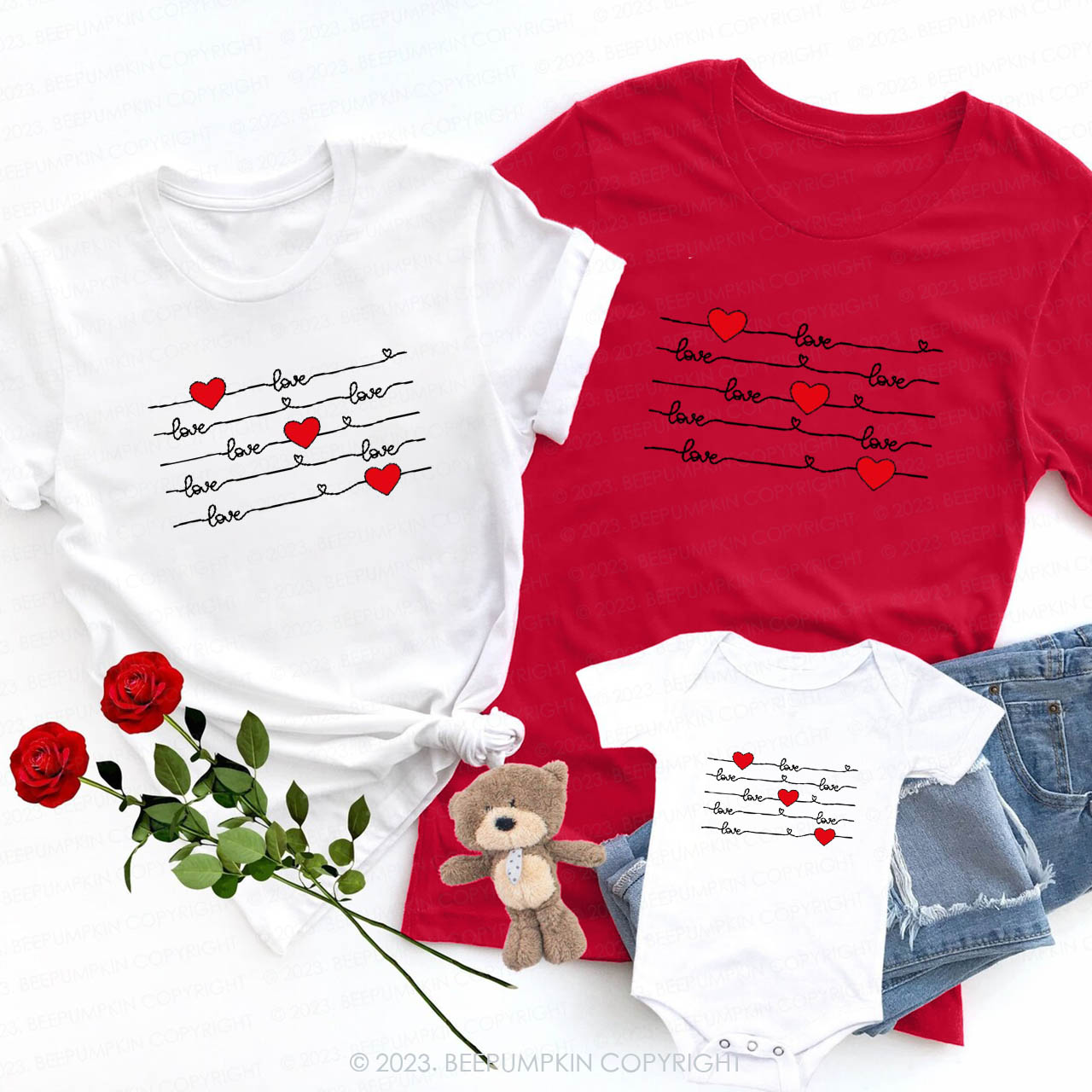 Love Heart Beating Wave Lines Valentine Family Matching Shirts