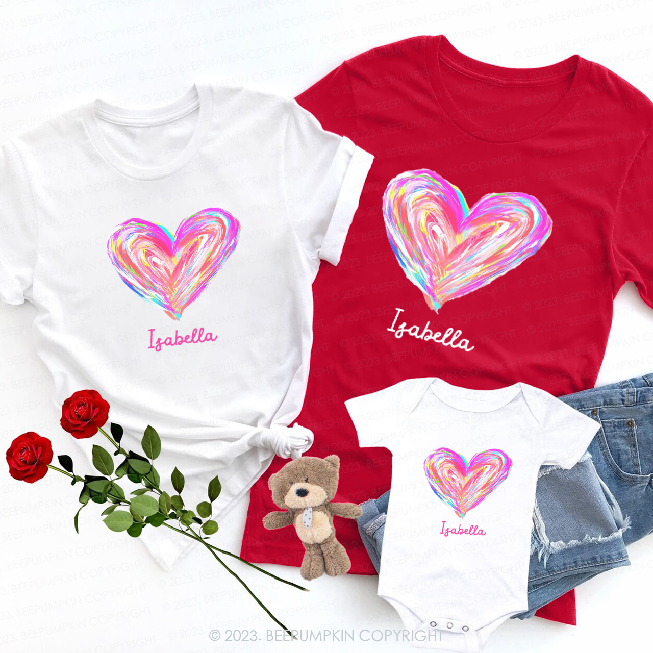 Watercolor Heart with Name Valentine's Day Family Matching Shirts