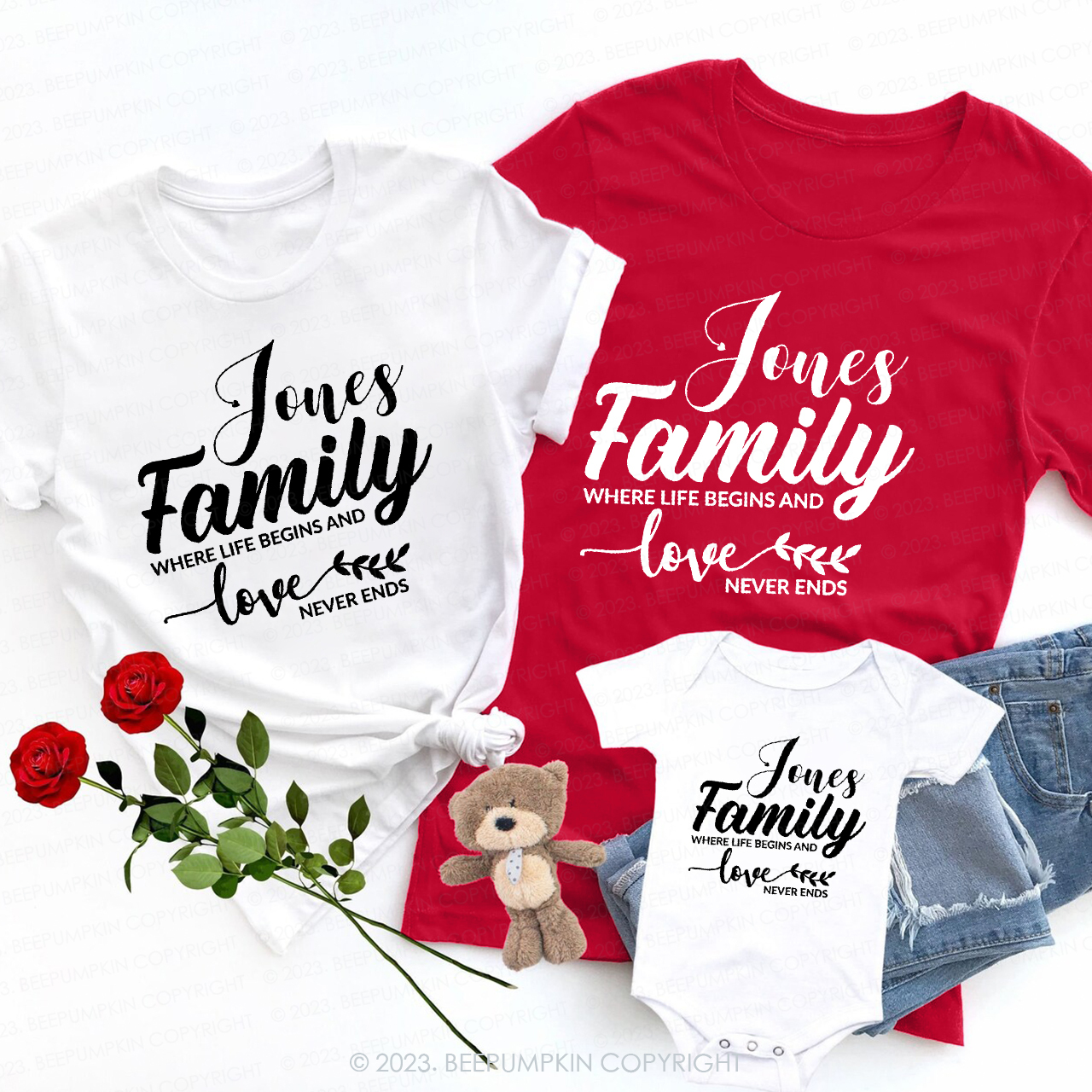 Family Where Life Begins and Love Never Ends Valentines Matching Shirts