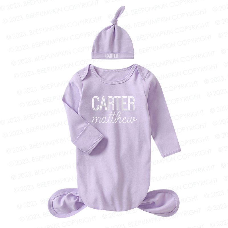 Personalized Gender Neutral Baby Knotted Gown&Hat Coming Home Outfit