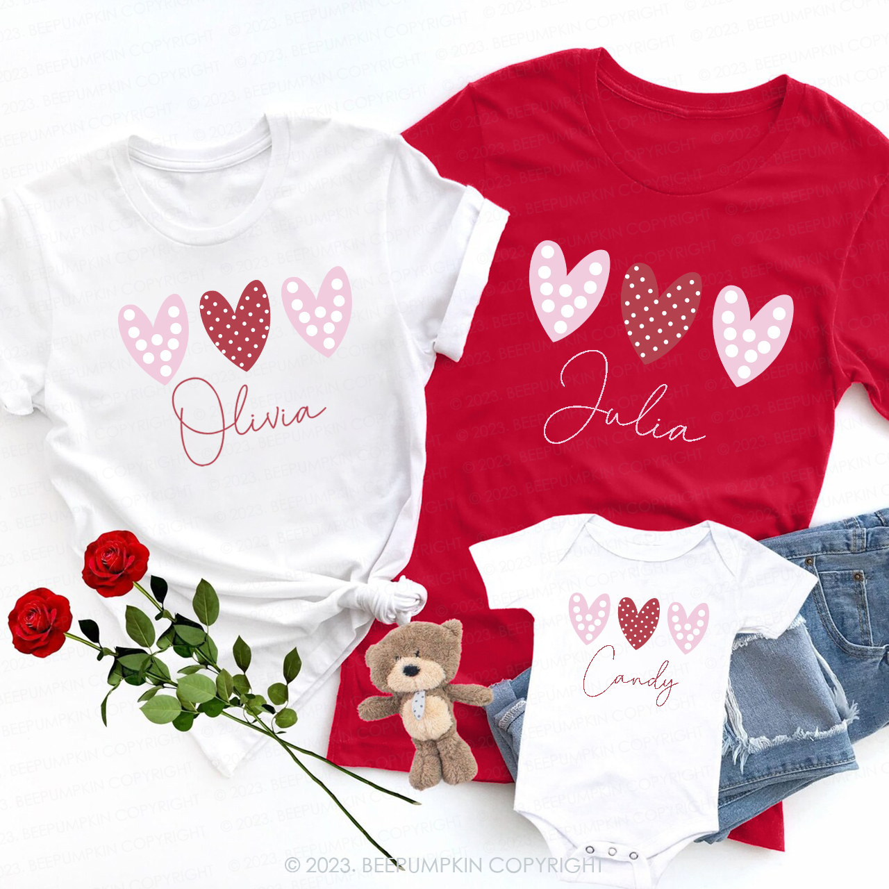 Polka Dots Pink Heart Valentines Day Shirts For Family