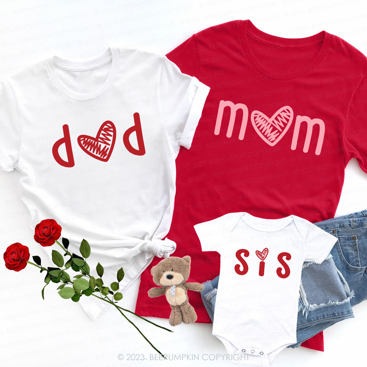 Pink and Red Heart Valentine's Family Matching Shirts