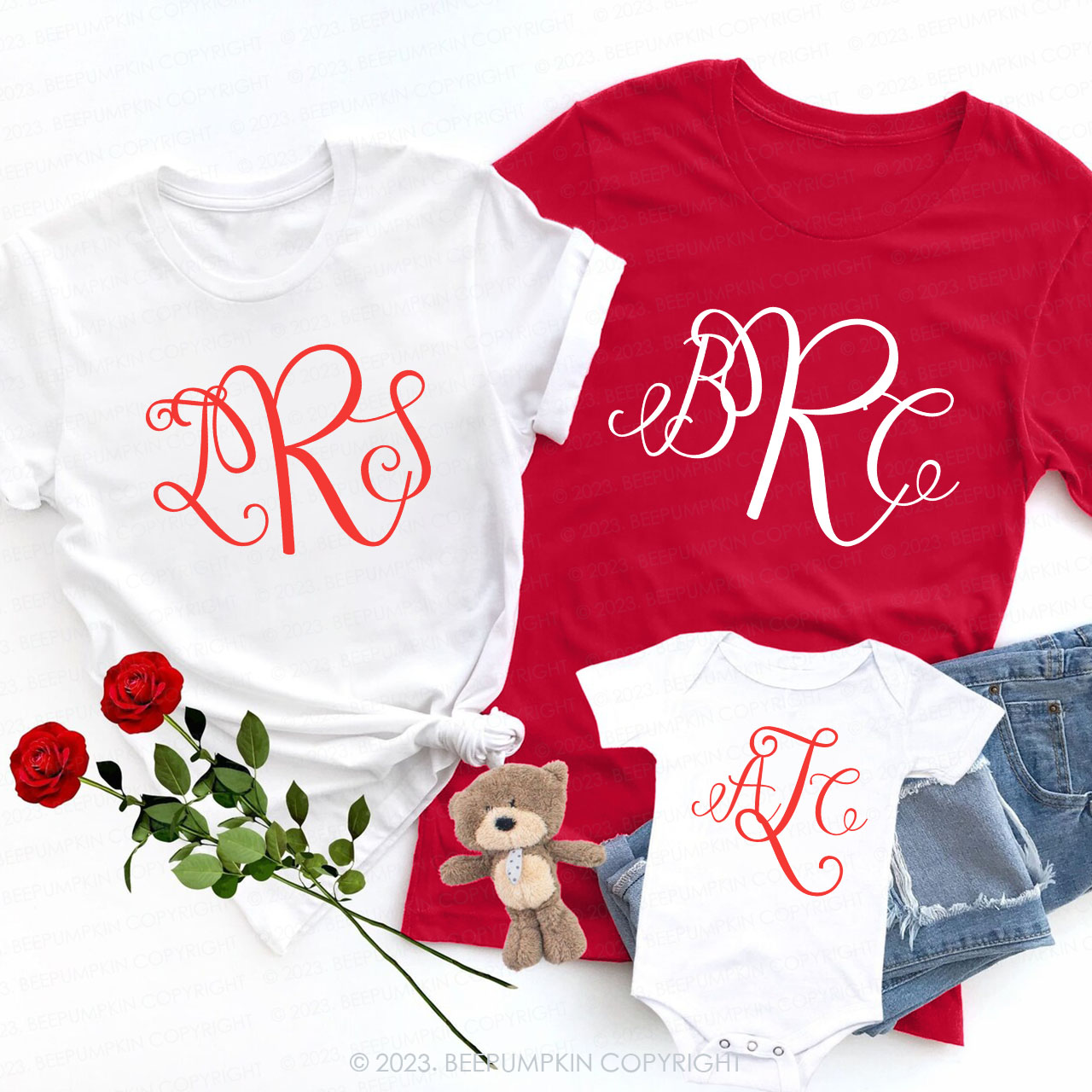 Fancy Cursive Monogram Matching Valentine‘s Shirts