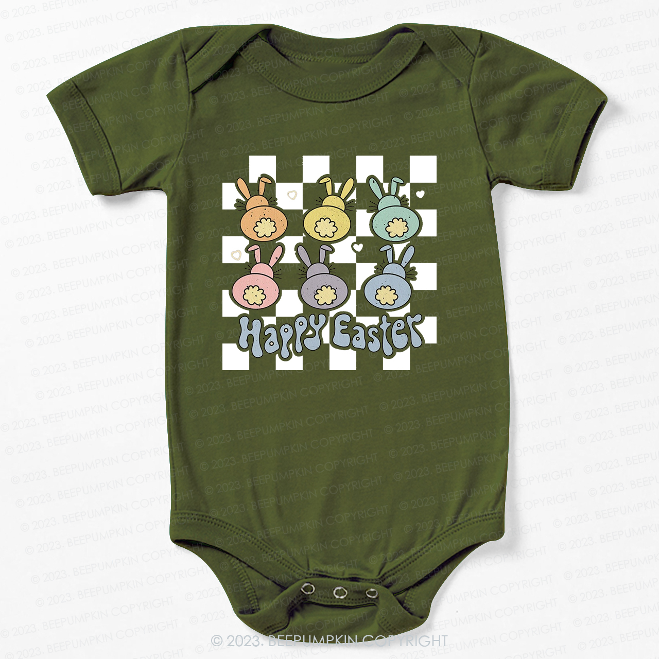 Happy Easter Checkered Bunnies Bodysuit For Baby