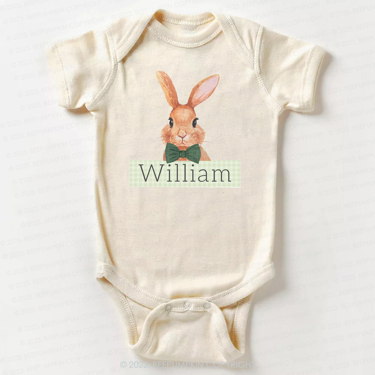 Easter Bunny Green Gingham Name Bodysuit For Baby