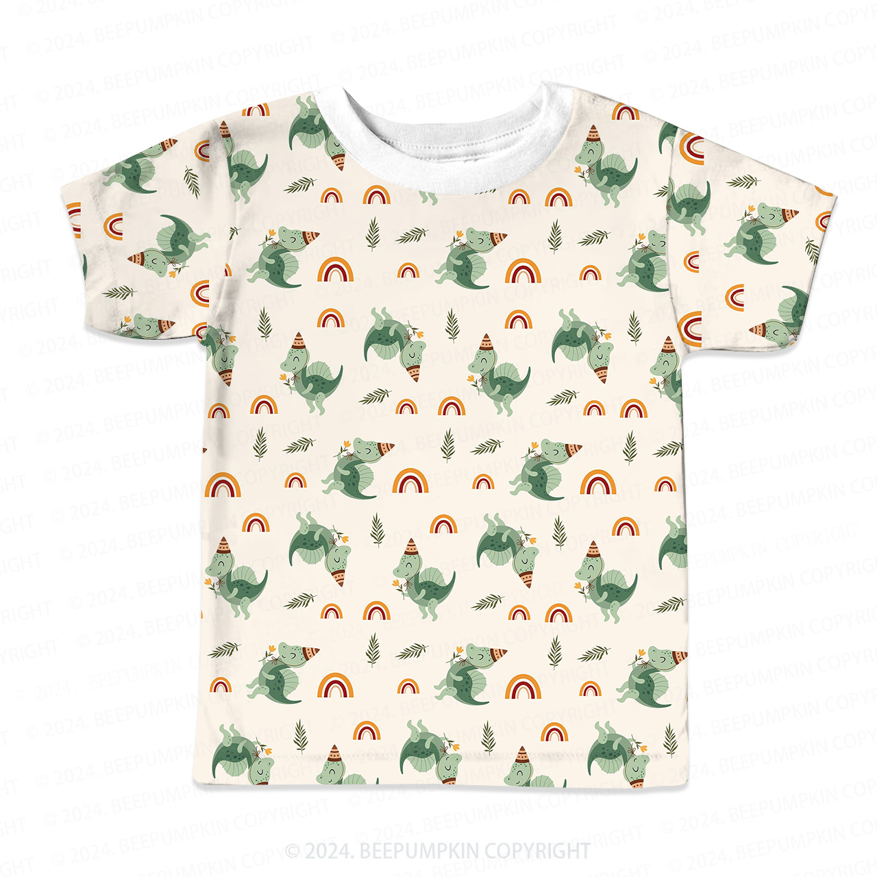 Green Dinosaur And Rainbow All Over Print Kids Tees
