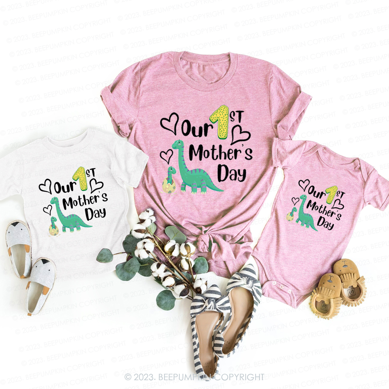 Cute Dinosaur Our First Mother's Day T-Shirts For Mom&Me