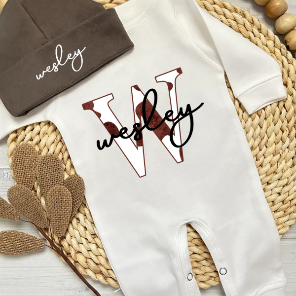 Image of Personalized Cow Print Neutral Baby Romper And Hat Set