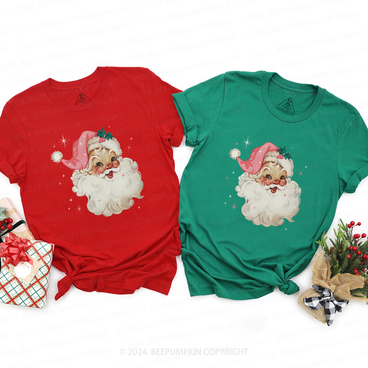Retro Pink Santa Christmas Family Matching T-Shirts