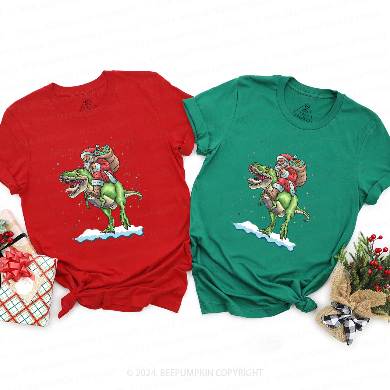 Santa Riding Dinosaur Family Matching T-Shirts