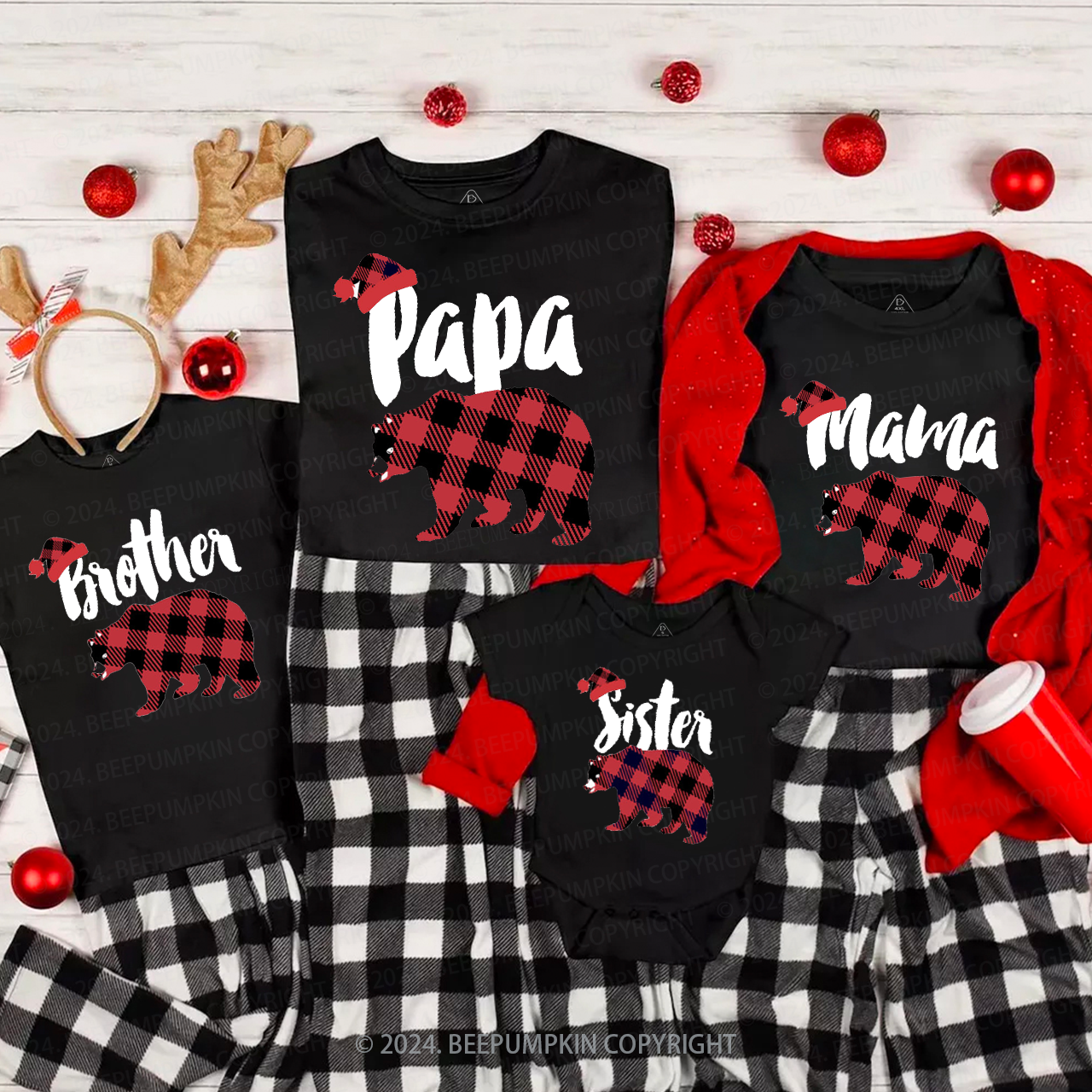 Personalized Plaid Bear Family Matching T-Shirts
