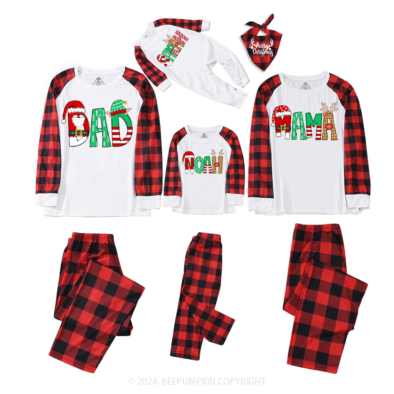 Personalized Cartoon Font Santa Family Matching Pajamas Beepumpkin