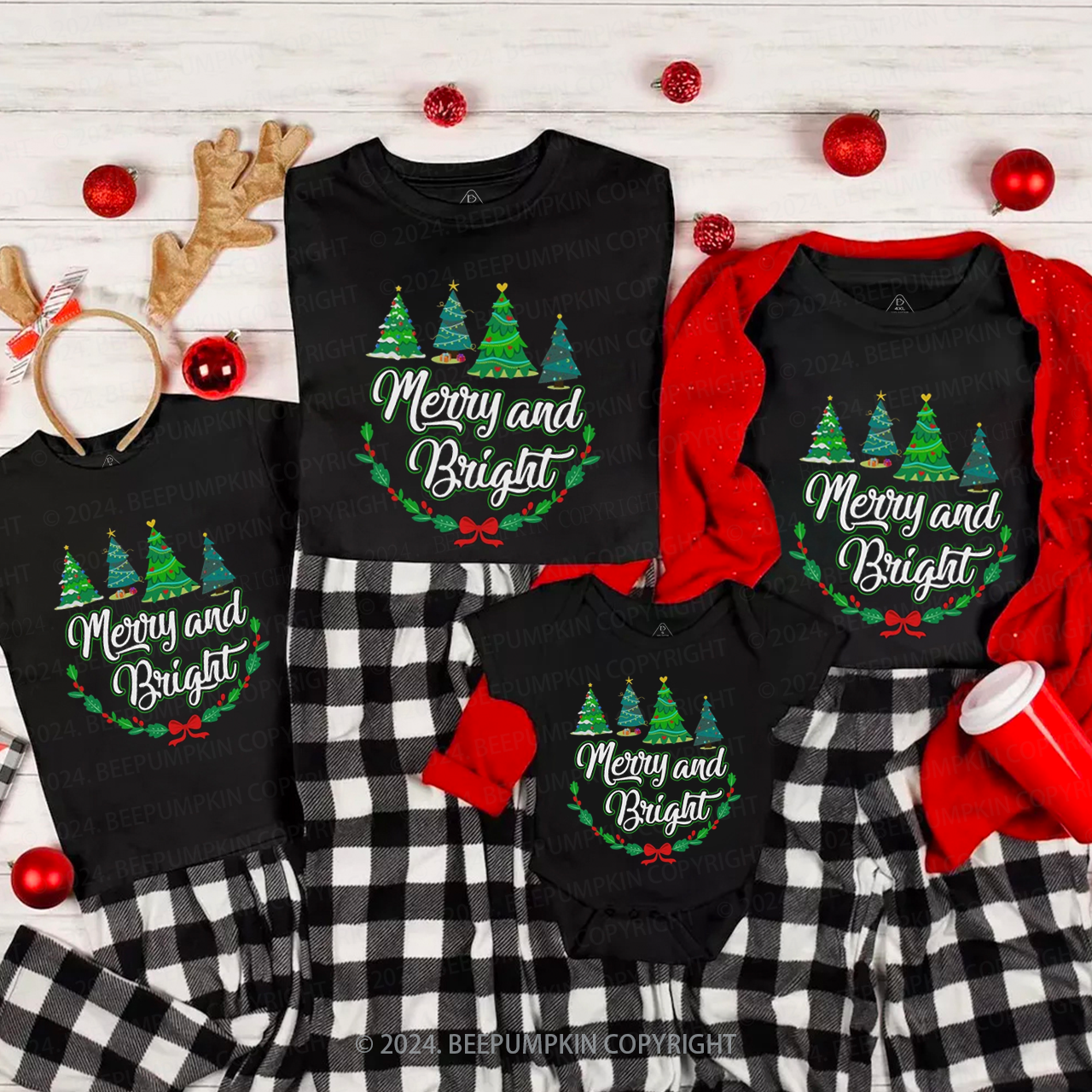 Merry and Bright Christmas Matching T-Shirts Beepumpkin