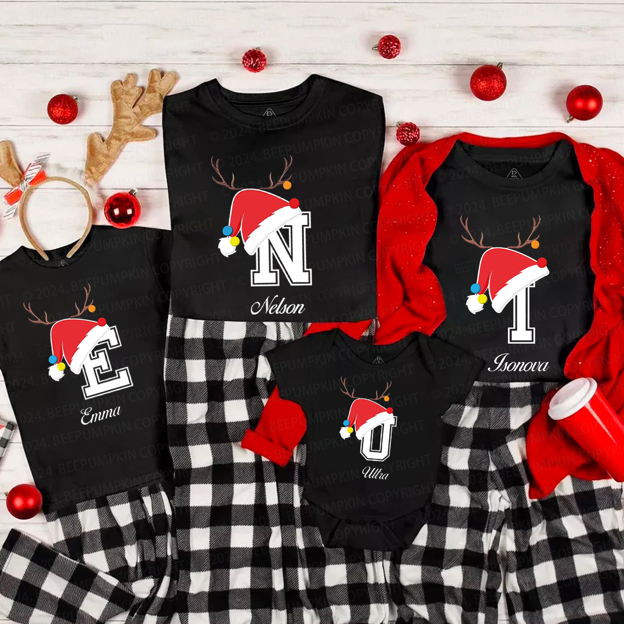 Personalized Christmas Hat Name Initial Family Matching T-Shirts Beepumpkin