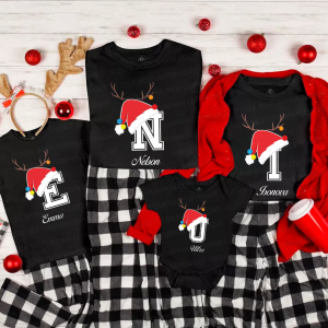 Image of Personalized Christmas Hat Name Initial Family Matching T-Shirts Beepumpkin